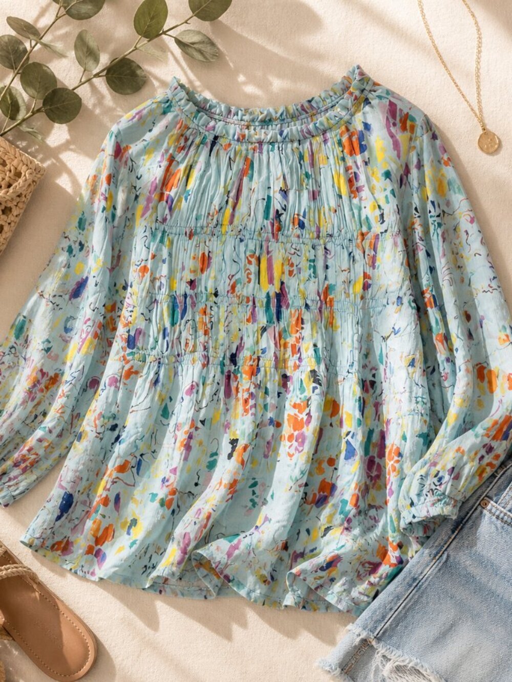 APNY Abstract Print Pleated Long Sleeve Blouse Blue Multicolor Size M